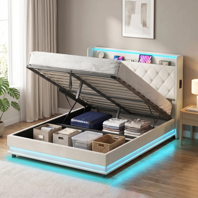 HOMCOM 4ft6 Double Bed Frame with Headboard, Platform Bed Frame with Hydraulic Storage, LED Lights and Charging Station, Cream