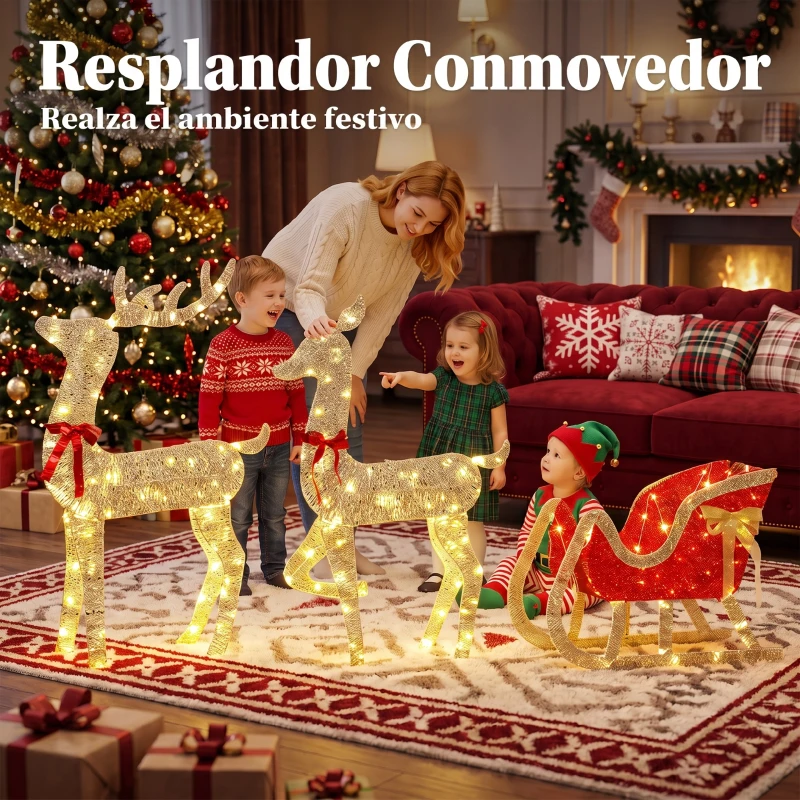 Outsunny Reno de Navidad Exterior con Trineo 3D de 3 Piezas con 200 Luces LED Blanco Cálido 8 Modos y Temporizador
