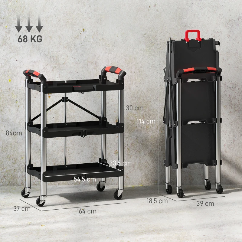 HOMCOM Gereedschapstrolley, Opvouwbare 3-Laagse Gereedschapswagen, Kunststof, Staal, Zwart