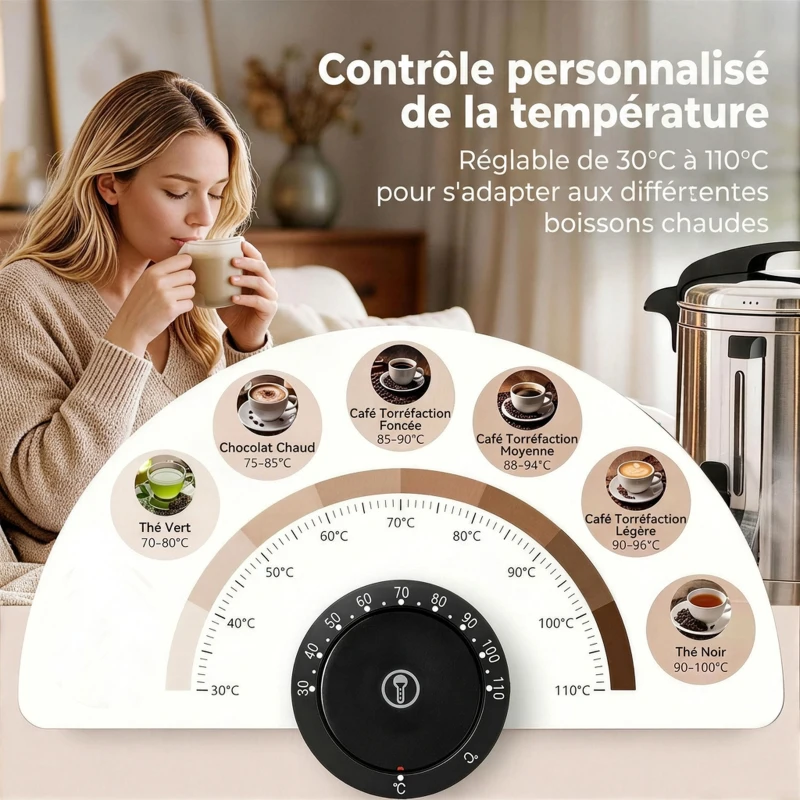 HOMCOM Distributeur d'Eau Chaude en Inox 8L 1500 W, 9 Niveaux de Température 30-110 °C, Maintien au Chaud, Robinet, Argenté