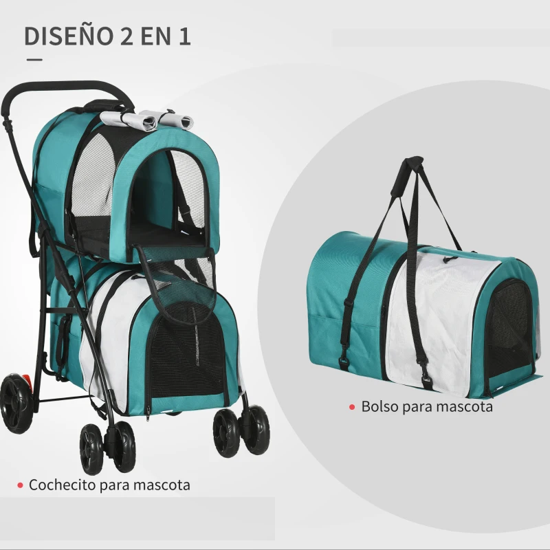 PawHut Cochecito Doble para Perros Gatos Plegable con 2 Transportines Extraíbles con Cinturón y Cojines 79x53x98cm Verde y Gris