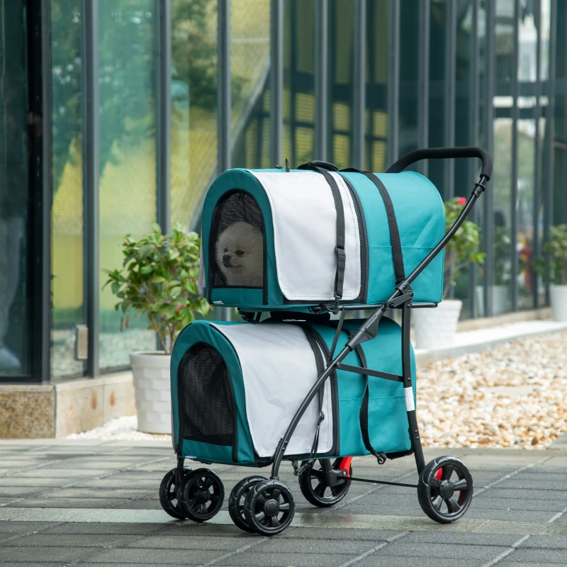 PawHut Cochecito Doble para Perros Gatos Plegable con 2 Transportines Extraíbles con Cinturón y Cojines 79x53x98cm Verde y Gris