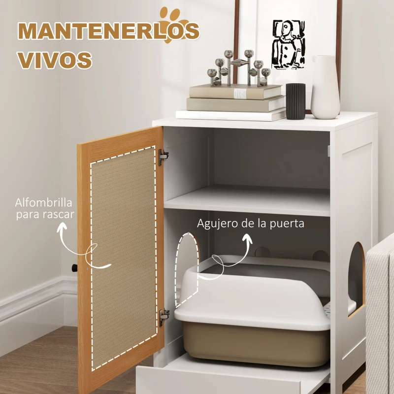 PawHut Mueble Arenero para Gatos con Bandeja Extraíble Compartimentos y Tapete para Rascar 57x50x80,5 cm Blanco y Roble