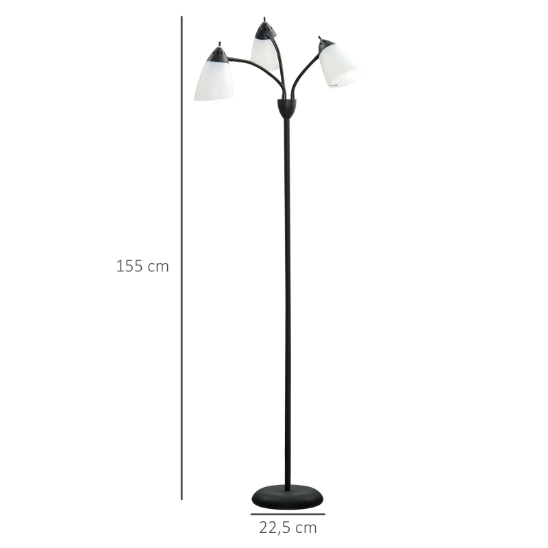 HOMCOM Lámpara de Pie con 3 Pantallas Giratorio de 360° con Interruptores de Giratorio E27 Máx. 40W Macro de Acero Lámpara de Suelo para Salón Dormitorio Estudio 45x45x155 cm Negro