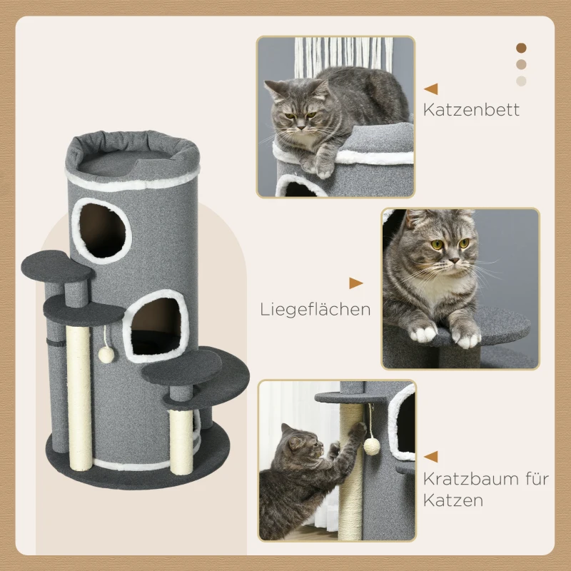 PawHut Kattenkrabpaal Krabton, 2 Kattenholen, 4 Ligplekken, 4 Krabpalen, 57 x 57 x 99 cm, Grijs + Wit
