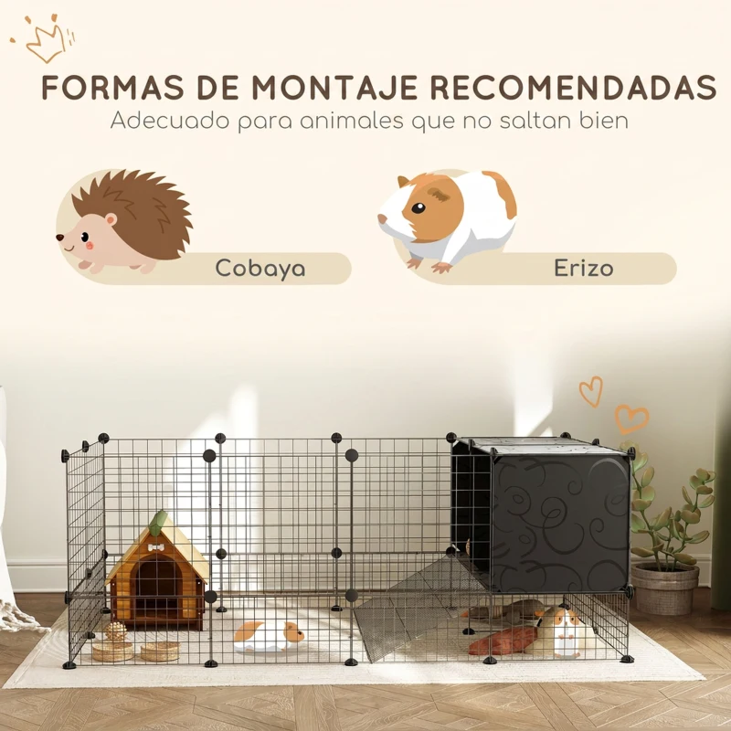 PawHut Valla para Mascotas de Bricolaje Parque para Conejos con Nidos Recinto para Conejos para Cobayas Conejos y Erizos Negro