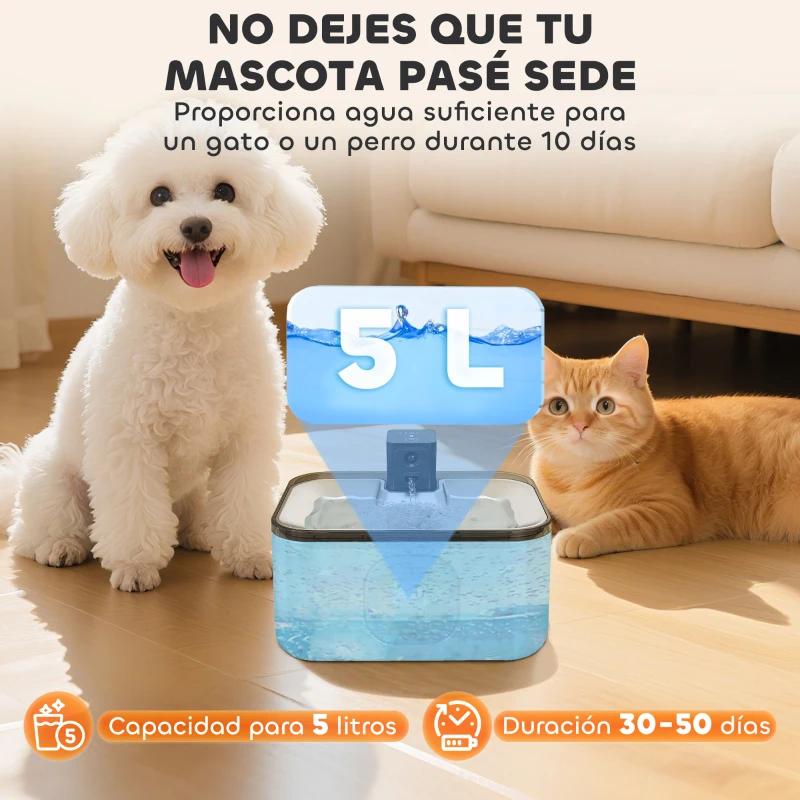 PawHut Fuente para Gatos de Acero Inoxidable 5L Bebedero Gatos Automático con Luz LED Bomba Súper Silenciosa y Filtro Plata