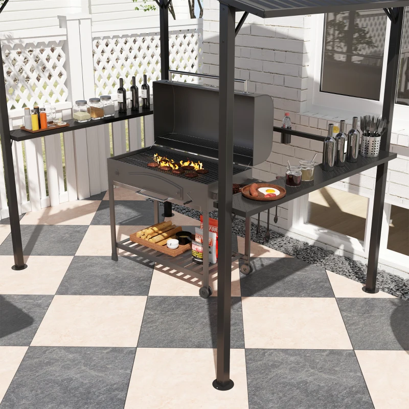 Outsunny Grillpavillon 250 x 160 x 250 cm wasserdicht Gartenpavillon mit Doppelschichtdach, Seitenregalen Schwarz