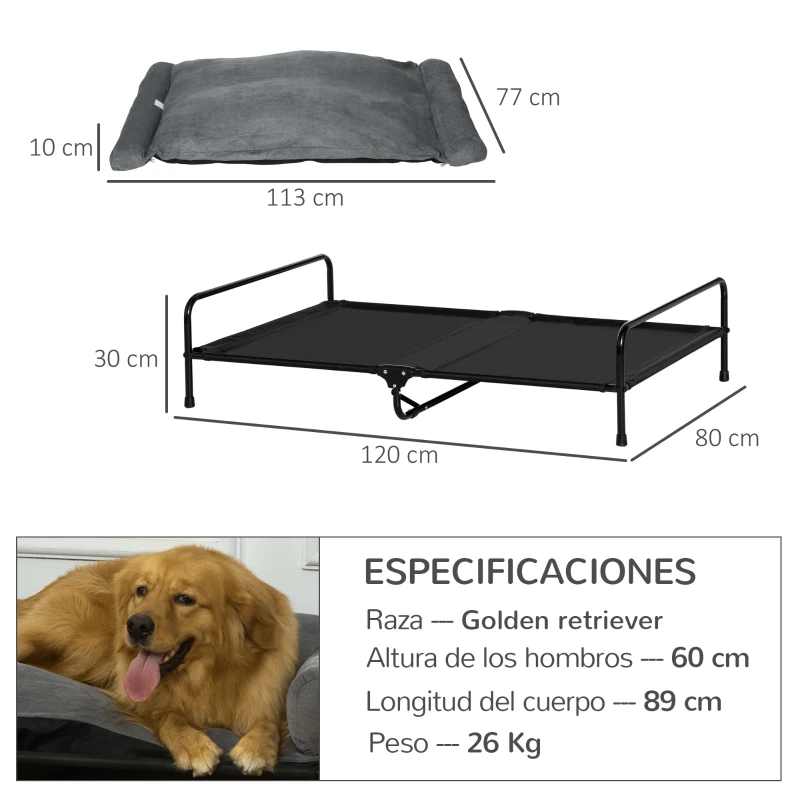 PawHut Cama Elevada para Perros y Gatos Cama Cesta para Mascotas Medianas y Grandes con Cojín Desmontable Lavable y Tela de Malla Transpirable 120x80x30 cm Gris