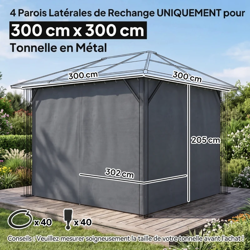 Outsunny 4 parois latérales pour pavillon de jardin tonnelle rigide 300 x 300 cm protéger de la pluie vent soleil gris