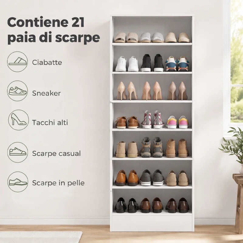 HOMCOM Scarpiera con Ripiani Regolabili e 7 Scomparti per 21 Paia di Scarpe, 60x30x160 cm, Bianco