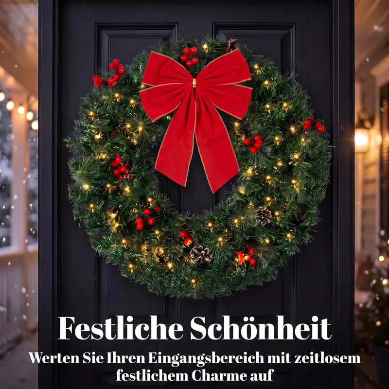 HOMCOM Kerstkrans 60 cm, deurkrans in Crestwood-sparrenlook met strik, 50 leds, 140 takpunten, 8 lichtstanden