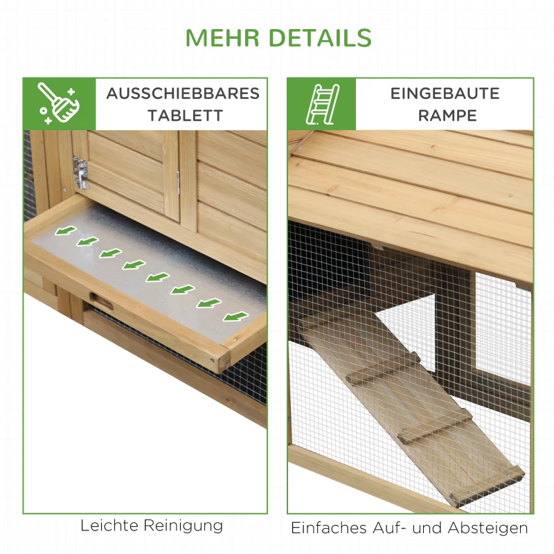 PawHut Hühnerstall Hühnerhaus aus Holz 151,5 x 54 x 87 cm, Freilaufgehege mit 2 Ebenen, 2 Türen, Nistkasten, wasserfestem Dach, Auslauf, Rampe, Hühnergehege für Garten, Natur