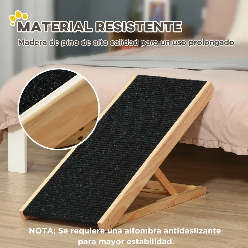 PawHut Rampa Plegable para Perros y Gatos de Madera con Altura Ajustable de 4 Niveles y Alfombra Antideslizante Escaleras de Mascotas para Coche Cama y Sofá 90x40x61 cm Natural