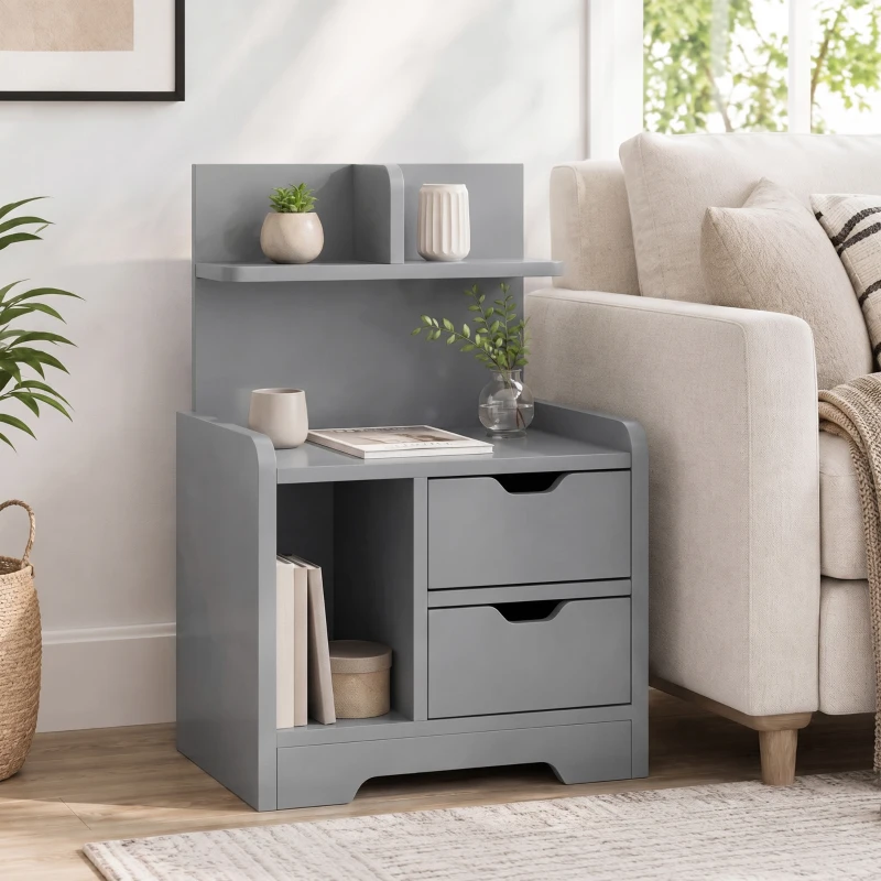 HOMCOM Bedside Table, Small Bedside Cabinet with 2 Drawers and Storage Shelves, Modern Nightstand for Bedroom, Grey