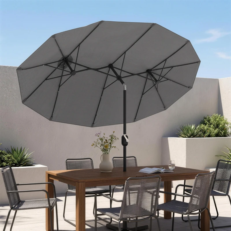 Outsunny Umbrelă dublă cu bază în formă de cruce și lumini solare, 295x150x219cm, gri