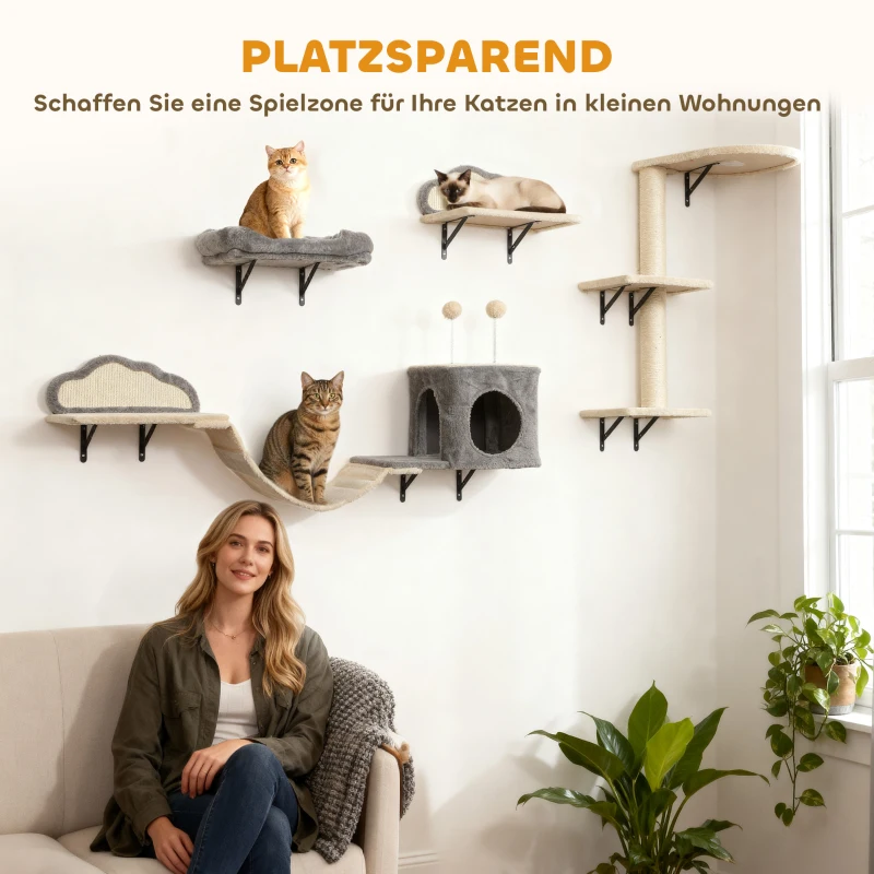 PawHut Wandgemonteerd krabpaal-set, sisal krabvlakken, 4 delen, voor 1-3 katten, Beige