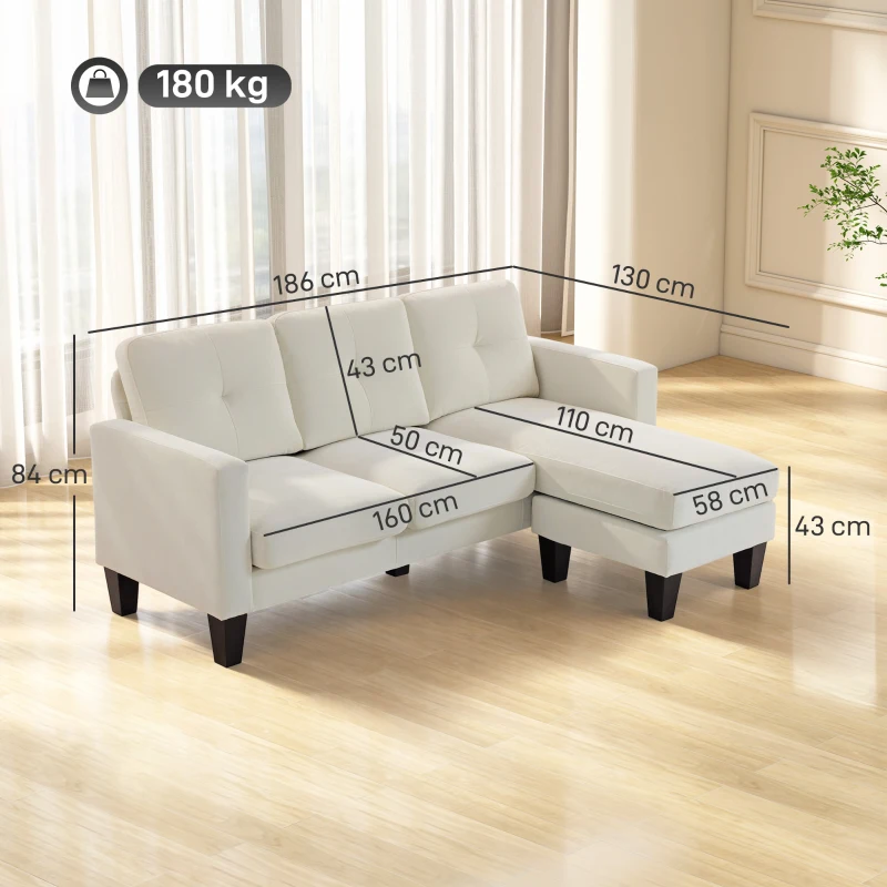 HOMCOM Sofá Chaise Longue Reversible con Estructura de Acero Tapizado en Chenilla 186x130x84cm Crema