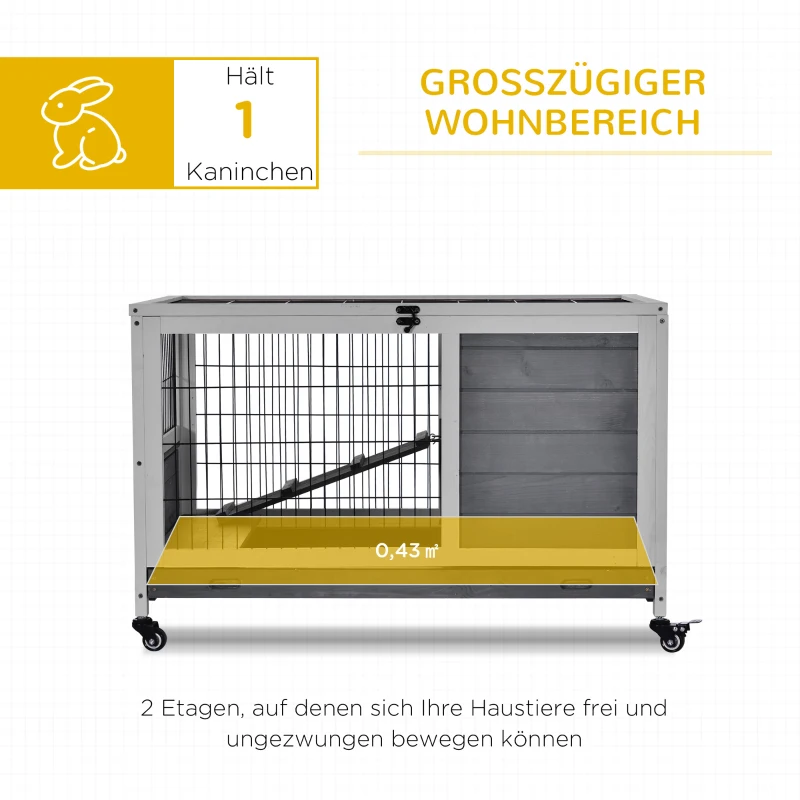 PawHut Kooi voor kleine dieren met Wielen Kooi voor kleine dieren Caviahok Cavia Kooi Kooi voor kleine dieren Dennenhout Grijs 90 x 53 x 59 cm
