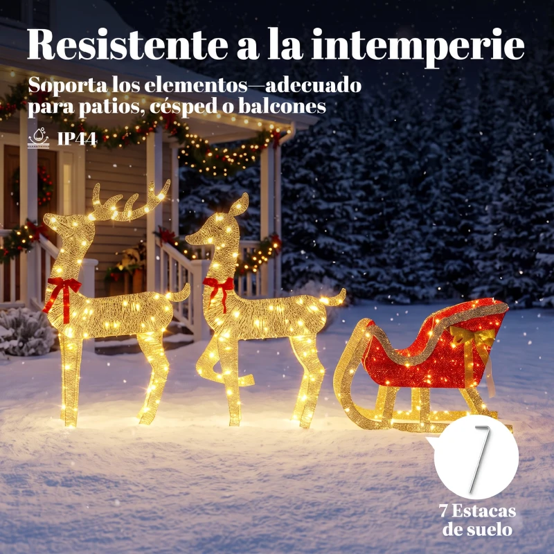 Outsunny Reno de Navidad Exterior con Trineo 3D de 3 Piezas con 200 Luces LED Blanco Cálido 8 Modos y Temporizador