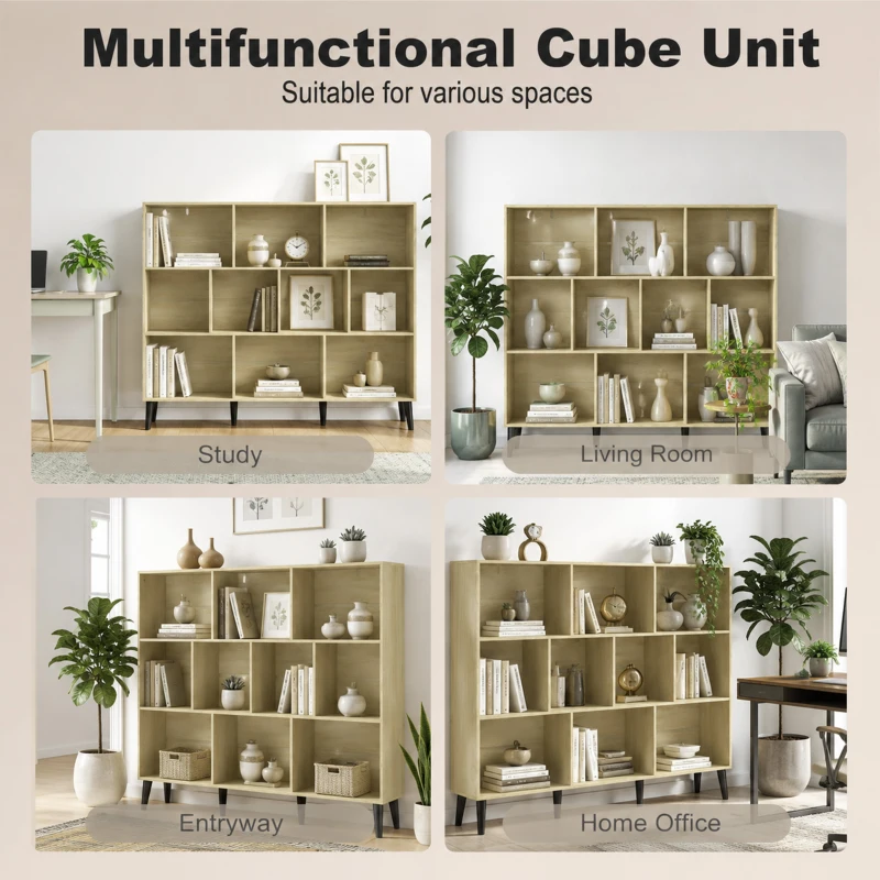 HOMCOM 10-Cube Bookcase, 3-Tier Book Shelf with Solid Wood Legs, 140 cm Modern Bookshelf with Anti-Tip Kit, Oak