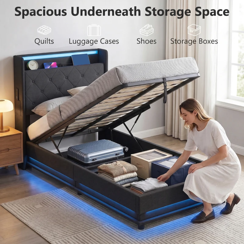 HOMCOM 3ft Single Bed Frame with Headboard, Platform Bed Frame with Hydraulic Storage, LED Lights and Charging Station, Black