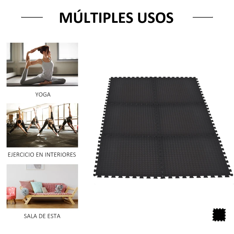 HOMCOM Esterillas Puzzle de Fitness de 6 Piezas 60x60x1,2 cm Esterilla Protectora de Suelo con Bordes de Espuma EVA de 2,16 m² para Ejercicio Gimnasio Juego Negro