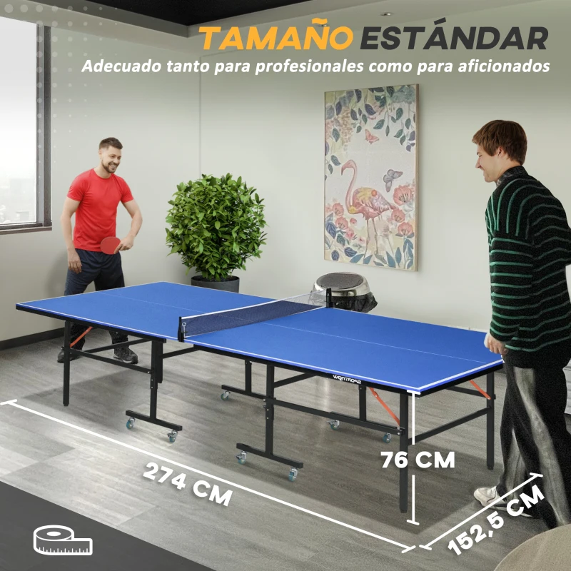 SPORTNOW Mesa de Ping Pong Plegable con Ruedas para Interior y Exterior con Red Palas y Pelota 274x152,5x76 cm Azul