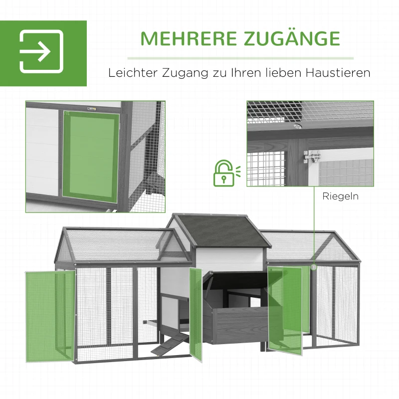 PawHut Kippenhok Konijnenhok 2 Buitenkooien, 1 Nestkast, 2 Ramps, Asfaltdak, Weerbestendig, Grijs(m-5)