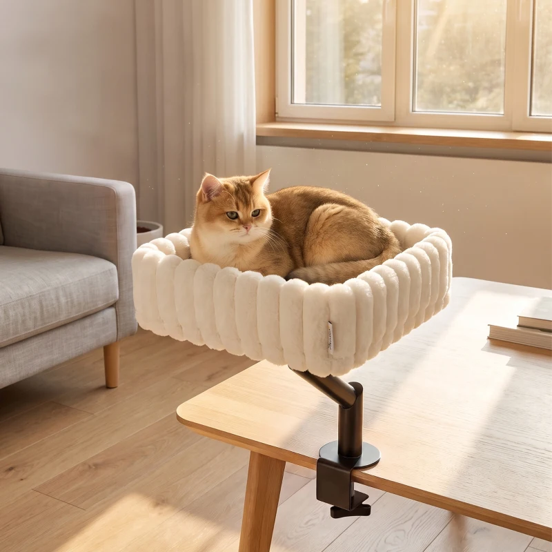 PawHut Katzen-Schreibtischbett, Katzenbett für Schreibtisch mit 360°Drehung, Hängeball verstellbare Klemme für Katze unter 6 kg
