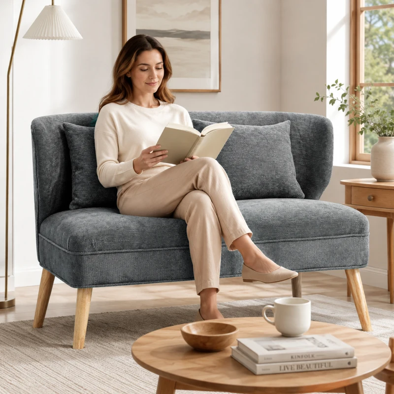 HOMCOM 2-Sitzer-Sofa, kleines Chenille-Sofa mit Flügelrücken, dickem Sitz, Gummibaumholzfüßen, Grau