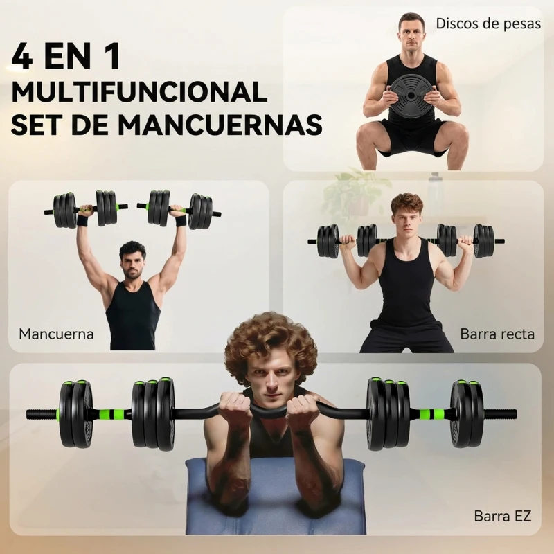 SPORTNOW Juego de Mancuernas Ajustables 20 kg 4 en 1 con Barras de Conexión y Mangos Antideslizantes para Gimnasio en Casa Verde