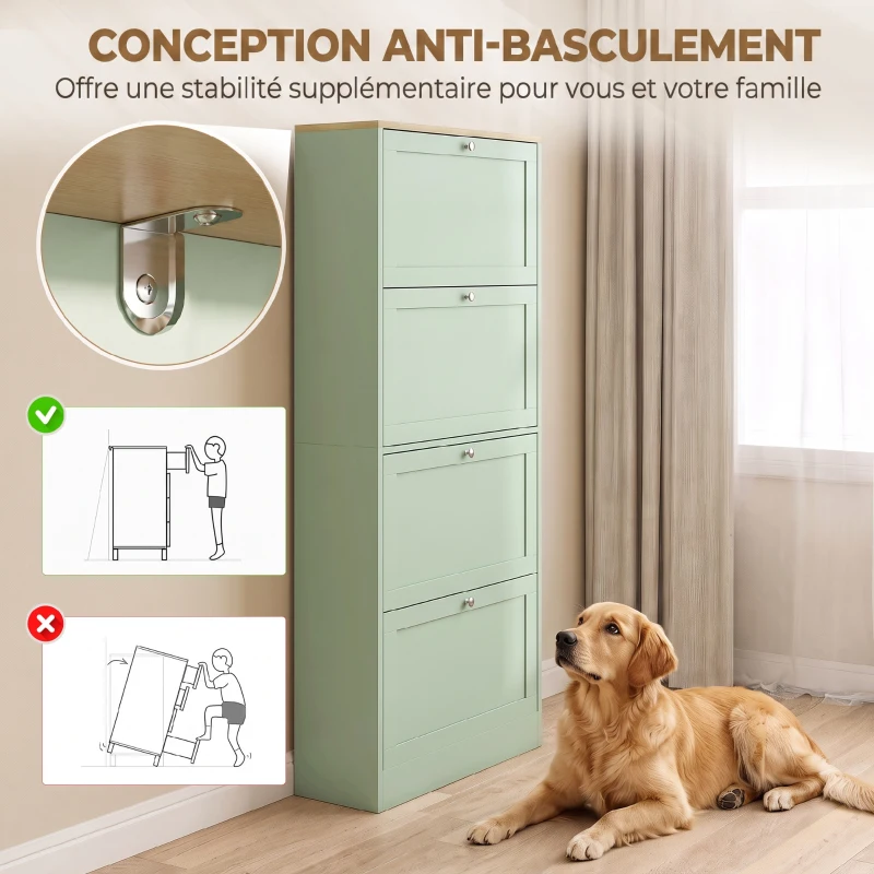 HOMCOM Meuble à chaussures 24 paires, armoire à chaussures avec 4 tiroirs rabattables, étagères réglables, 60x23,5x153cm, vert