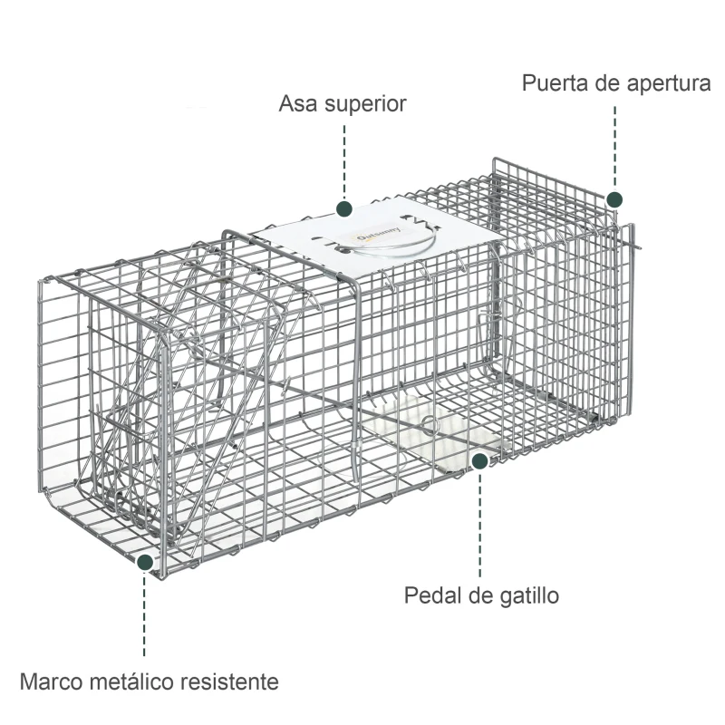 Outsunny Trampa para Animales Vivos Plegable 66x24x30,5 cm Jaula de Captura de Alambre con Puerta y Asa para Conejos Plata