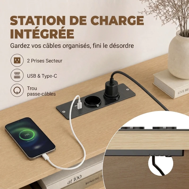 HOMCOM Meuble TV 140 cm avec 2 Prises et 2 Ports, Meuble Télé pour 84 Pouces, 2 Portes Battantes, 2 Portes Coulissantes, Chêne