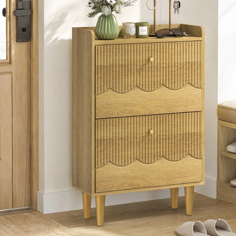 HOMCOM Narrow Shoe Cabinet, Modern Shoe Storage Cabinet with 2 Flip Drawers, Oak