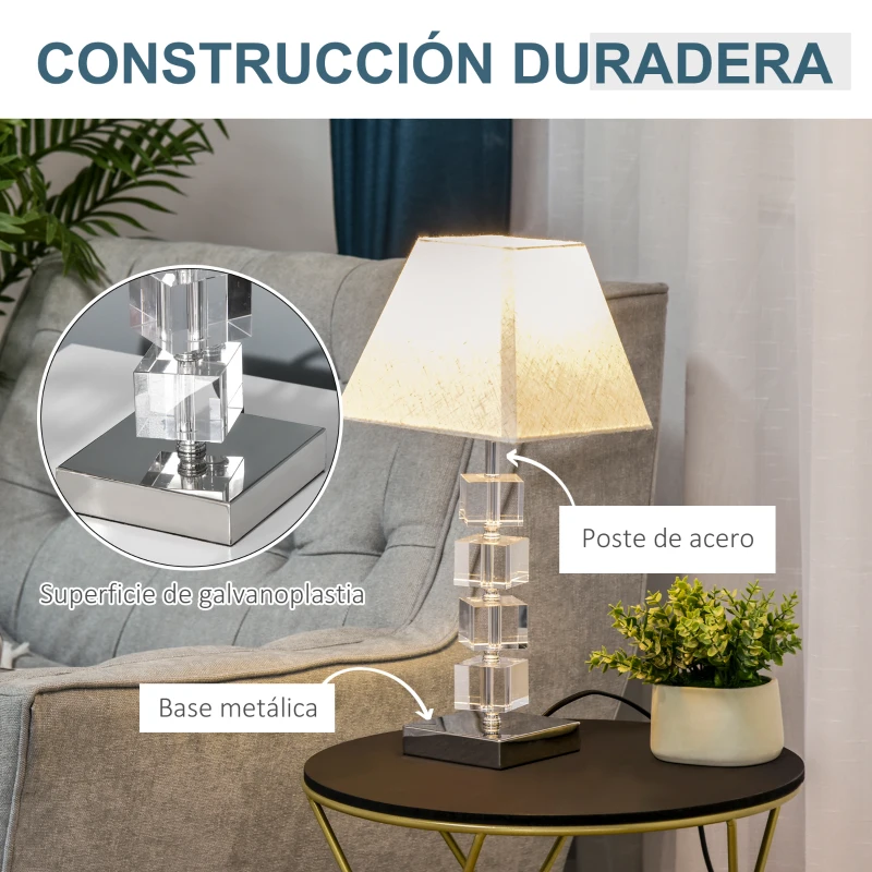 HOMCOM Lámpara de Mesita de Noche con Casquillo E14 Máx. 40W Cristal Giratorio y Base de Metal para Dormitorio 20x20x47cm Crema
