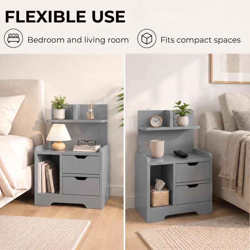 HOMCOM Bedside Table, Small Bedside Cabinet with 2 Drawers and Storage Shelves, Modern Nightstand for Bedroom, Grey