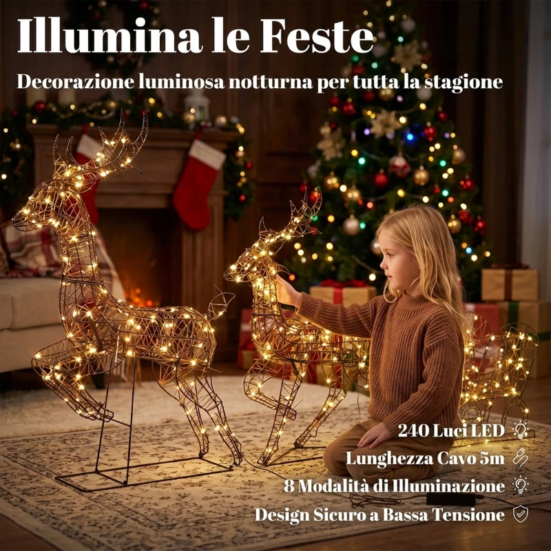 Outsunny Decorazione Natalizia da Esterno 3 Pezzi Renne e Slitta, 240 LED, 8 Illuminazioni, Timer, IP44