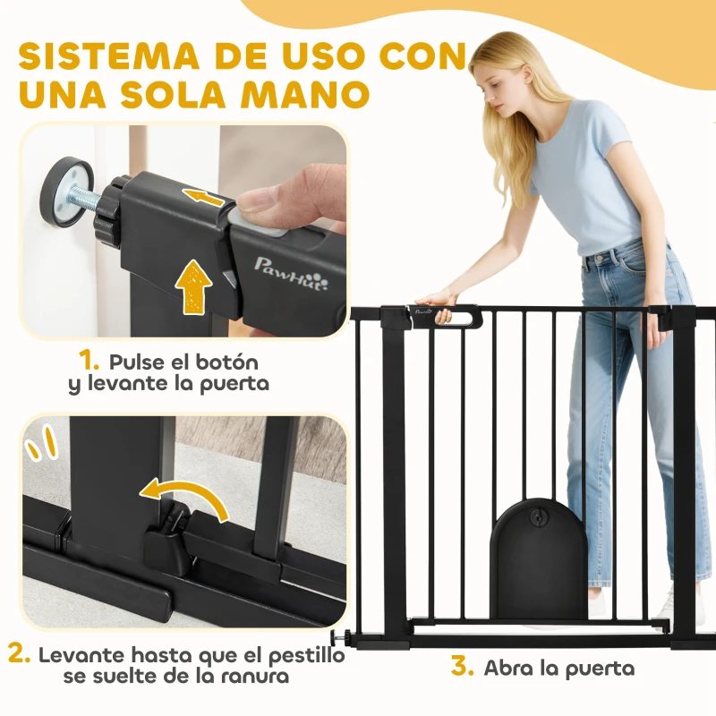 PawHut Barrera de Seguridad para Perros Extensible 75-103 cm, para Puertas y Escaleras, Barrera para Perros con Puerta Pequeña, 2 Extensiones, Montaje a Presión y Doble Bloqueo, Negro