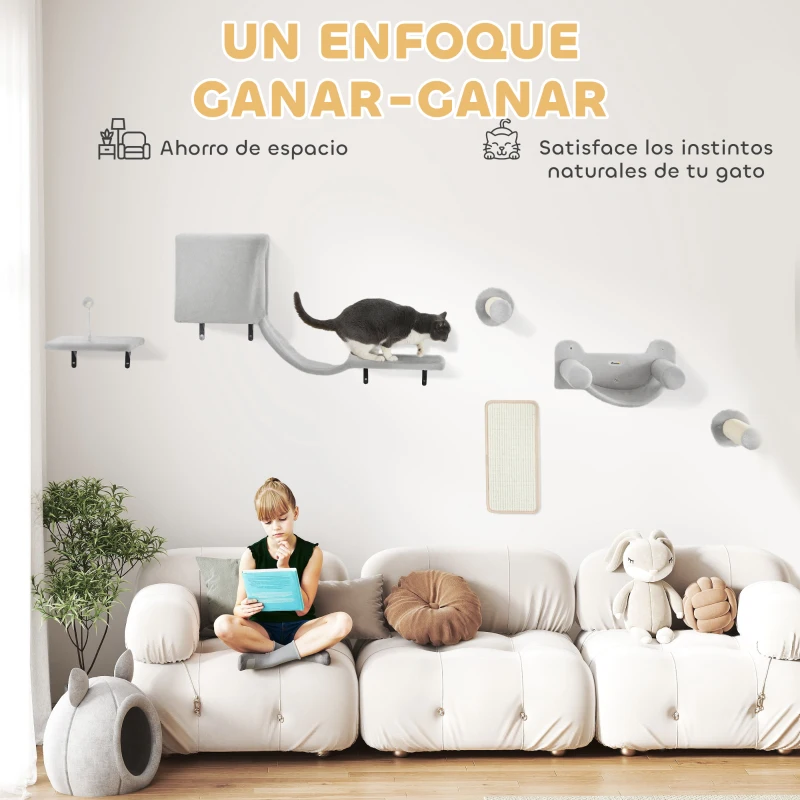 PawHut Juego de Escalada para Gatos de Pared de 6 Piezas con Condominio Plataforma Hamaca Escaleras y Tabla de Rascar Gris