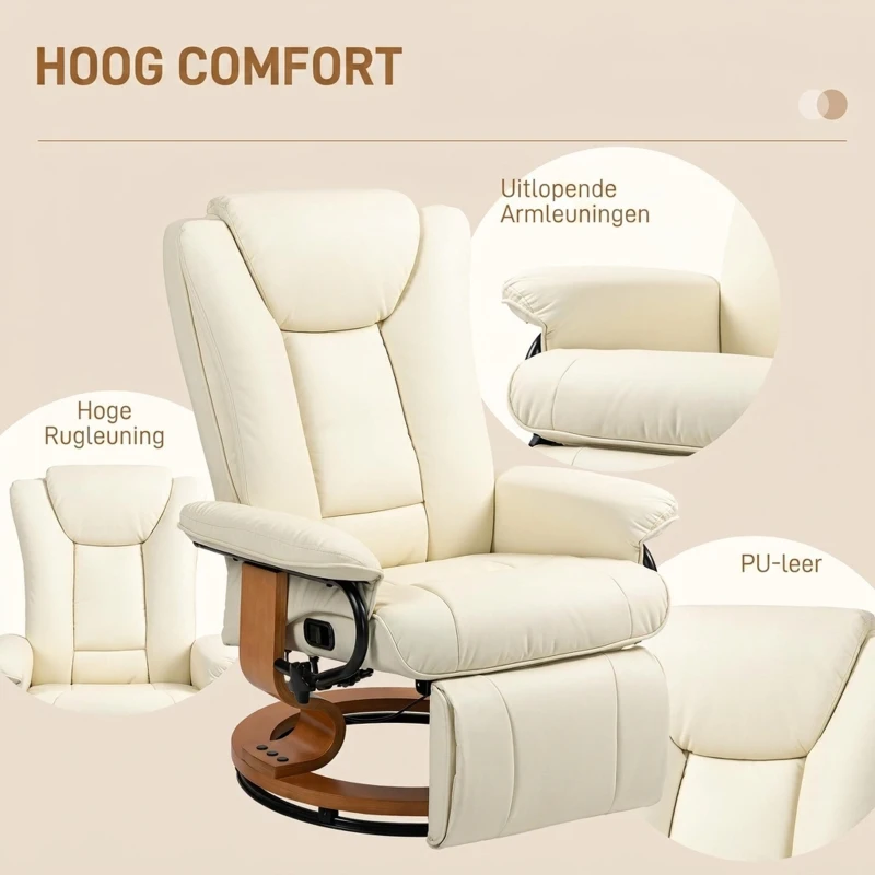HOMCOM Relaxstoel met Ligfunctie, Draaibaar, tot 150 kg, Kunstleerbekleding, Stalen Frame, Crèmewit(m-7)