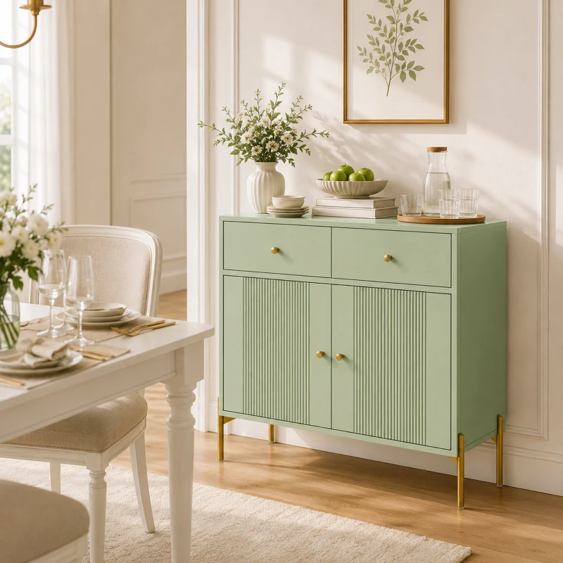 HOMCOM Modern Sideboard, Sideboard Storage Cabinet with 2 Drawers and Adjustable Shelf for Living Room, Light Green