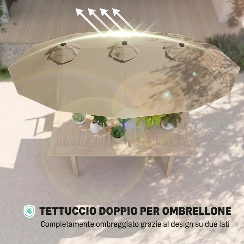 Outsunny Ombrellone da Giardino Doppio Inclinabile con Apertura a Manovella, 295x152x222 cm, Cachi
