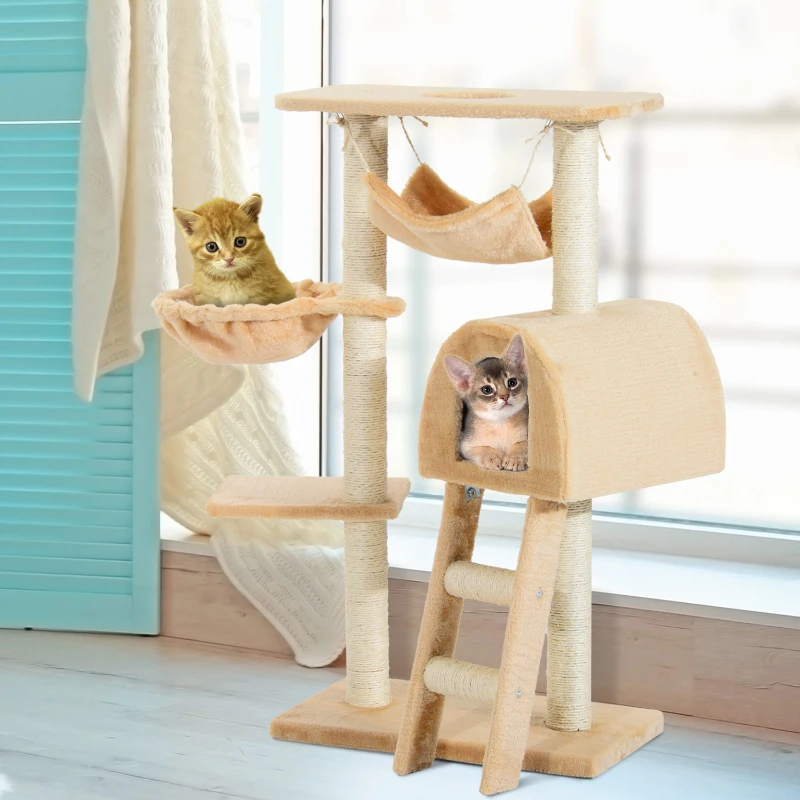 PawHut Árbol para Gatos Rascador 55x30x100 cm con Poste para Arañar Nido Cesta Hamaca Plataforma Caseta y Escalera de Terciopelo y Sisal Natural Beige