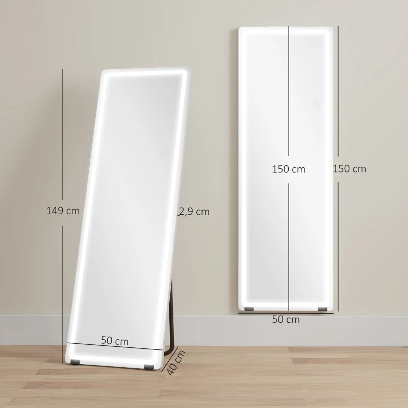 HOMCOM Miroir sur Pied avec LED 150 x 50 cm, 3 Couleurs, Dimmable, Fonction de Mémoire, Verre Trempé 4 mm, Transparent