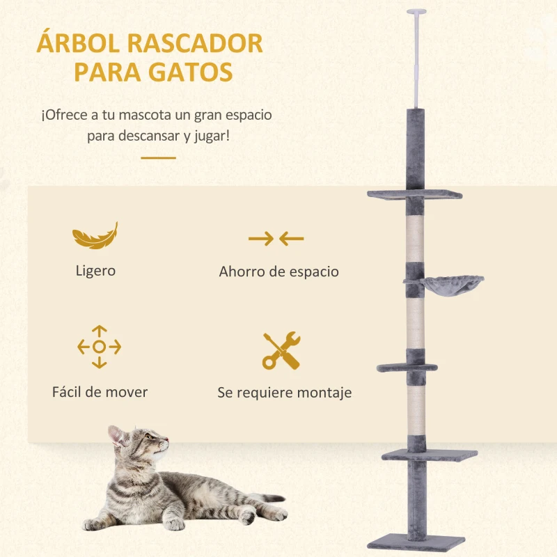 PawHut Árbol para Gatos de Suelo al Techo de 230-260 cm con Altura Ajustable Plataformas Hamaca y Postes de Sisal Gris
