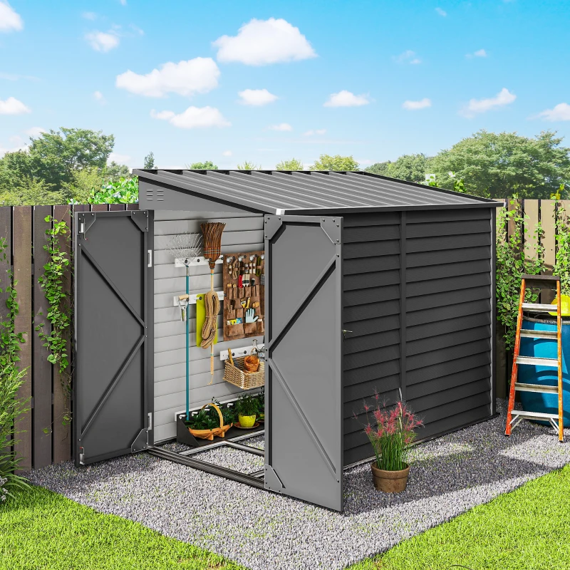 Outsunny Magazie metalică 3,5m² 143x270x202cm, șopron cu acoperiș în pantă, ușă dublă încuietabilă, fundație, fante de ventilație
