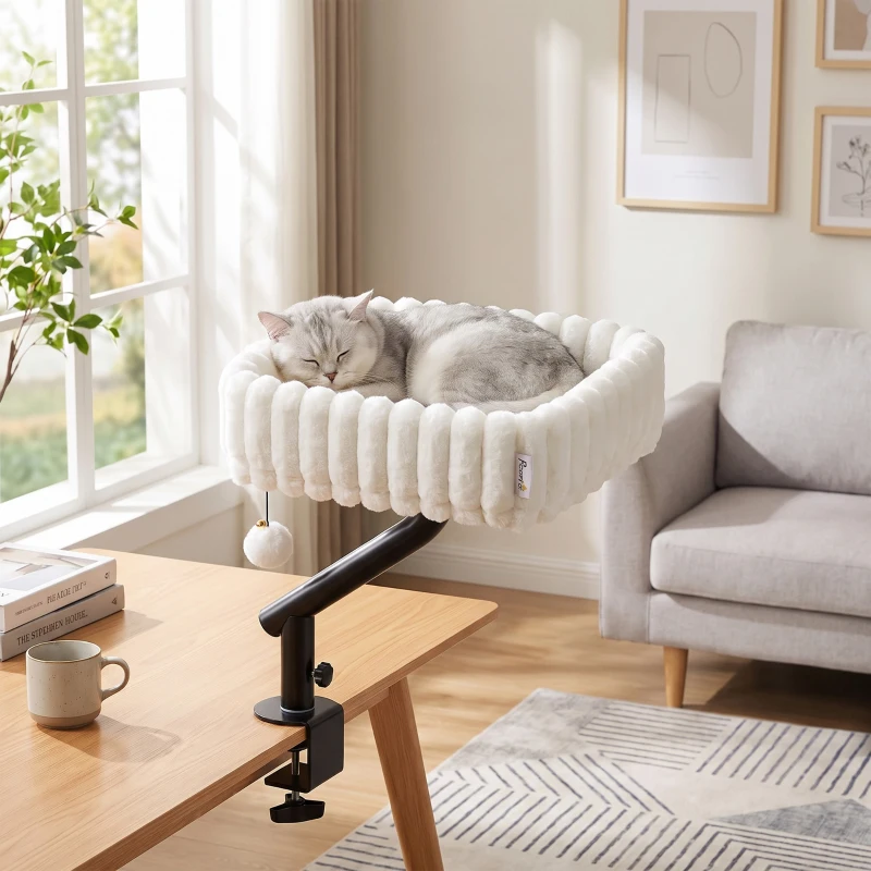 PawHut Katzen-Schreibtischbett, Katzenbett für Schreibtisch mit 360°Drehung, Hängeball verstellbare Klemme für Katze unter 6 kg