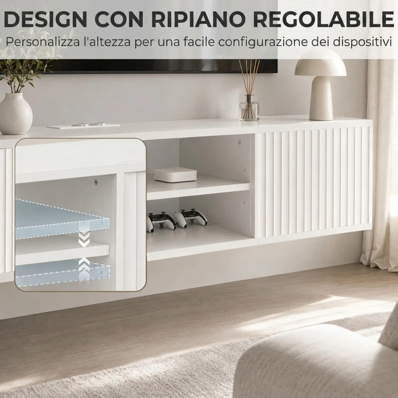 HOMCOM Mobile TV Sospeso, Mobile Porta TV Fino a 65" con Ripiano Regolabile, Luci LED RGB, Prese di Corrente, Bianco